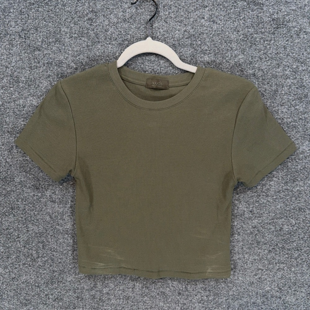 nuuds Shirt Womens Medium Green Baby Tee Ribbed Short Sleeve Crop Top Casual